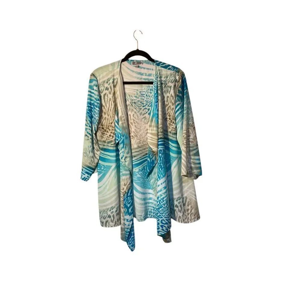 JM Collection Woman’s Open Front Blue & Tan Cardigan Size Large